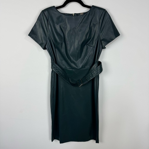 Calvin Klein Forrest Green Faux Leather Short Sleeve Belted Mini Dress Office - Picture 1 of 6